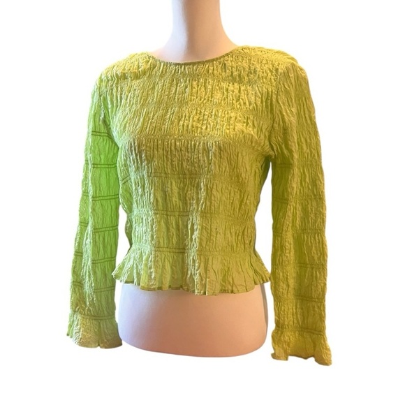 FRAME Smocked Long Sleeve Top Chartreuse Green Ruffle Hem Trendy Blouse SZ L - Picture 2 of 7